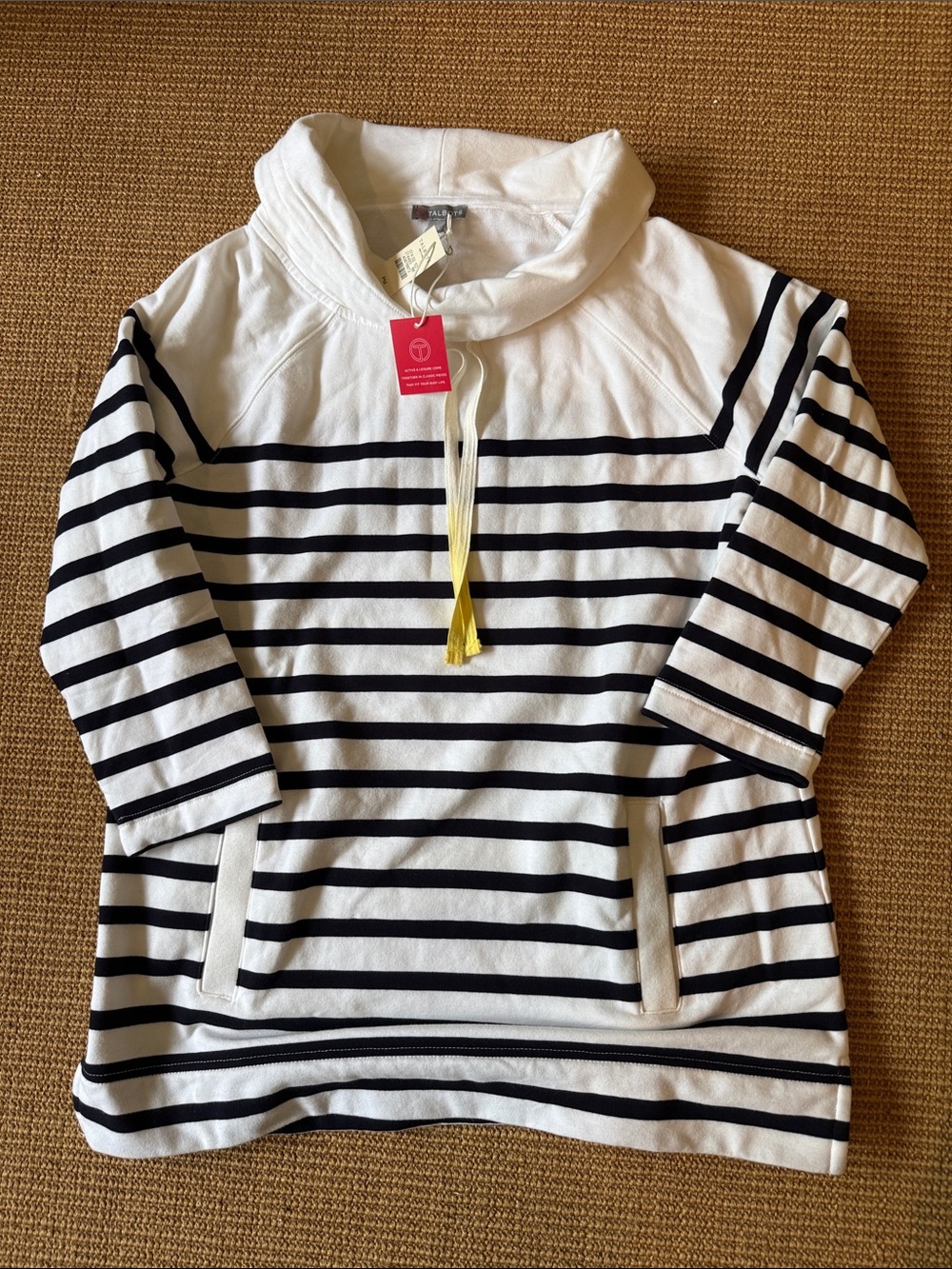 Talbots White and Black Striped Cowl Neck Sweater with Drawstring